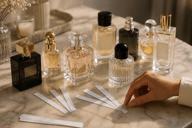 Diversi flaconi di profumo provati contemporaneamente